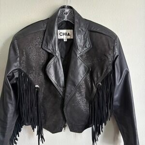 Vintage CHIA Womens Black 100%  Leather Fringe Full Zip Cropped Western Jacket S